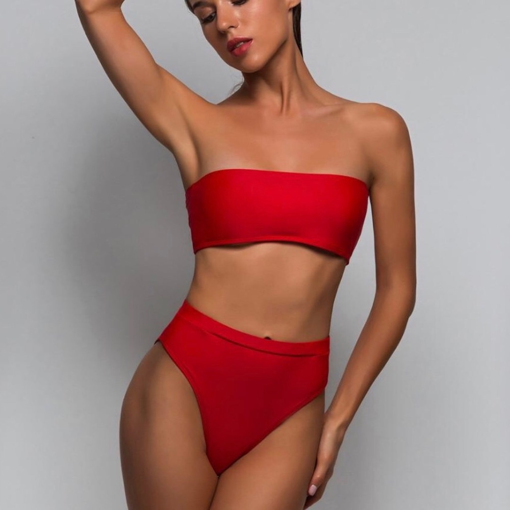 Red Bandeau high waisted bikini
